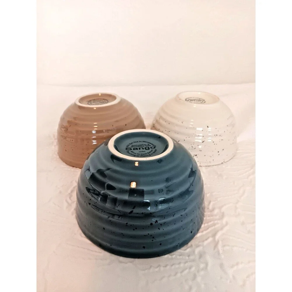 Sango China Artist’s Blend Stoneware Bowls Set of 3 Speckled Blue Tan Cream